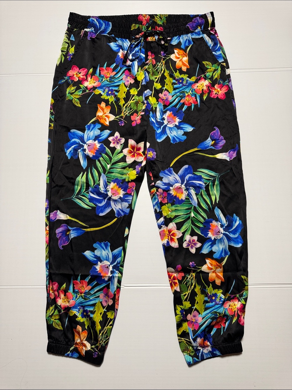 JOHNNY WAS Silk Aruba Black Tropical Floral Print Genvieve Jogger Pants Resort L